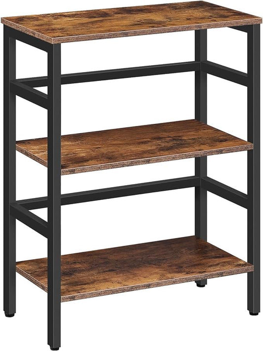 HOOBRO 3 Tier Bookshelf, Industrial Bookcase, Record Storage Rack with Side Fence, Wood Storage Shelf with Metal Frame, Rustic Open Display Shelf for Living Room, Bedroom, Rustic Brown BF86CJ01