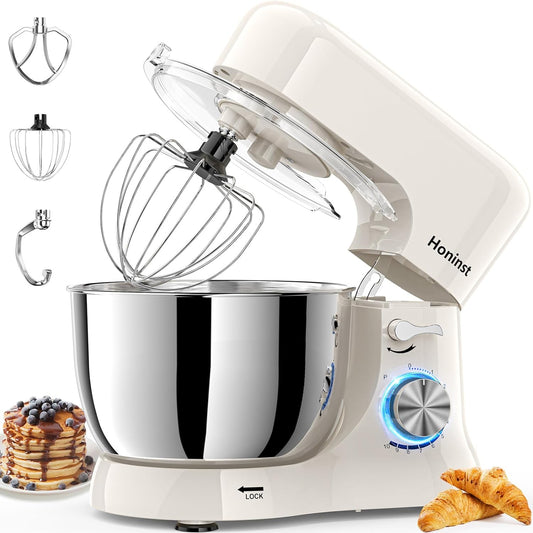 Stand Mixer, 3-In-1 10-Speed 660W 6QT Tilt-Head Food Mixer, Electric Mixer with Bowl, Dough Hook, Whisk and Beater, Kitchen Mixer for Baking, Cake and Most Home Cooks, Beige