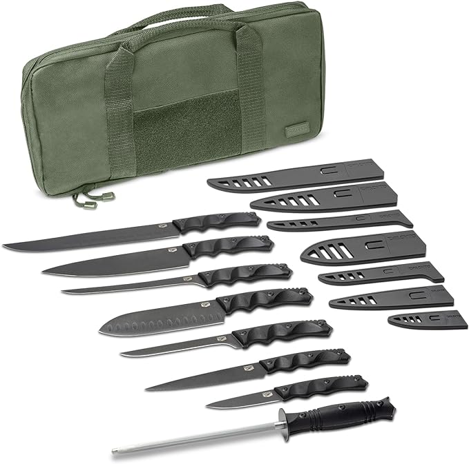 Premium Rugged Kitchen and Camping Knives Travel Set, Stonewashed High Carbon Stainless Steel, G10 Handles, Black, Cutlery (16 Piece Basecamp Set, Green Case)