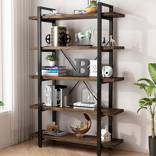 5-Tier Industrial Style Solid Wood Bookcase and Book Shelves,Rustic Wood and Metal Shelving Unit， Living Room,Modern Rustic Open Industrial Book Shelf Office,Distressed Brown (AY-02-5Tier)