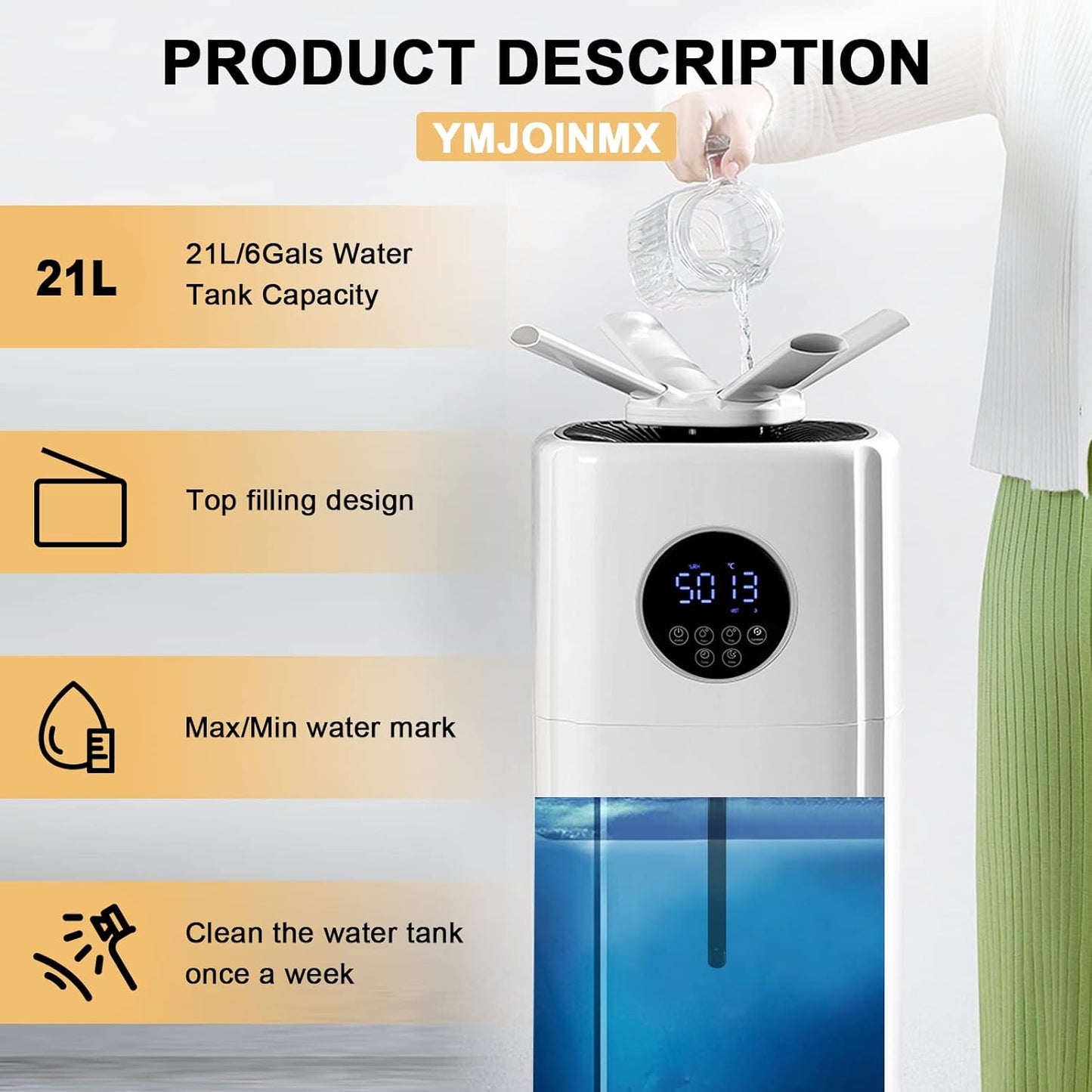 Commercial Industrial Humidifier Whole House Humidifier 5.5Gals Water Tank Max 2000ml/h Mist Output Top Filling Humidifier for Plant Large Greenhouse 110V