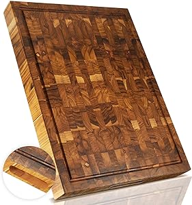 Hushee Large End Grain Butcher Block 2 Thick Wood Cutting Board 20 x 15 Teak Cutting Board with Beeswax Butcher Block for Kitchen Professional Use