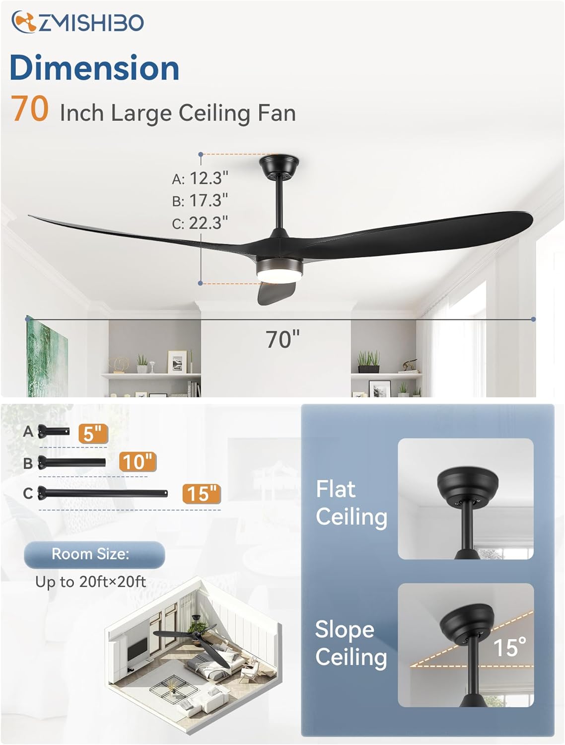 70 Inch Outdoor Ceiling Fan，Black Modern Ceiling Fans with Lights and Remote, 6 Speeds, 3 Large Blades Farmhouse Ceiling Fans with 3CCT for Bedroom, Living room, Patio