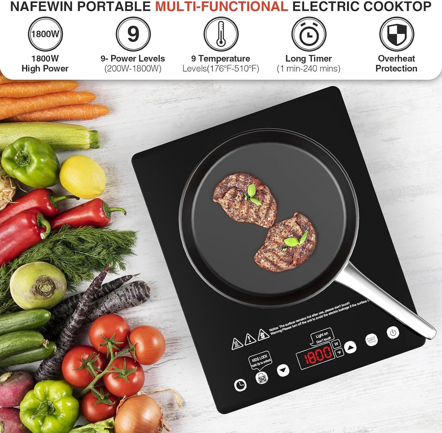 Electric Cooktop Single Burner, 1800W Electric Stove Top Portable, Electric Hot Plate 110v Plug in Countertop,Child Safety Lock,Timer,9 Power Level, Compatible for All Cookware, Induction Cookotp