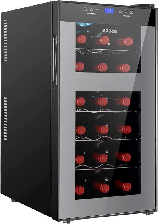 Wine Fridge Dual Zone,18 Bottles Wine Cooler Refrigerator Chiller Upper Zone 46f-54f Lower Zone 54f-65f for Red White Wine Champagne in Home Office Bedroom Countertop （18 Bottles,Black