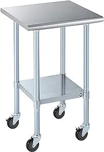 ROCKPOINT Stainless Steel Prep & Work with Caster 24x24 Inches Commercial Kitchen Adjustable Under Shelf and Table Foot for Restaurant, Home and Hotel, 24x24inch, Silver