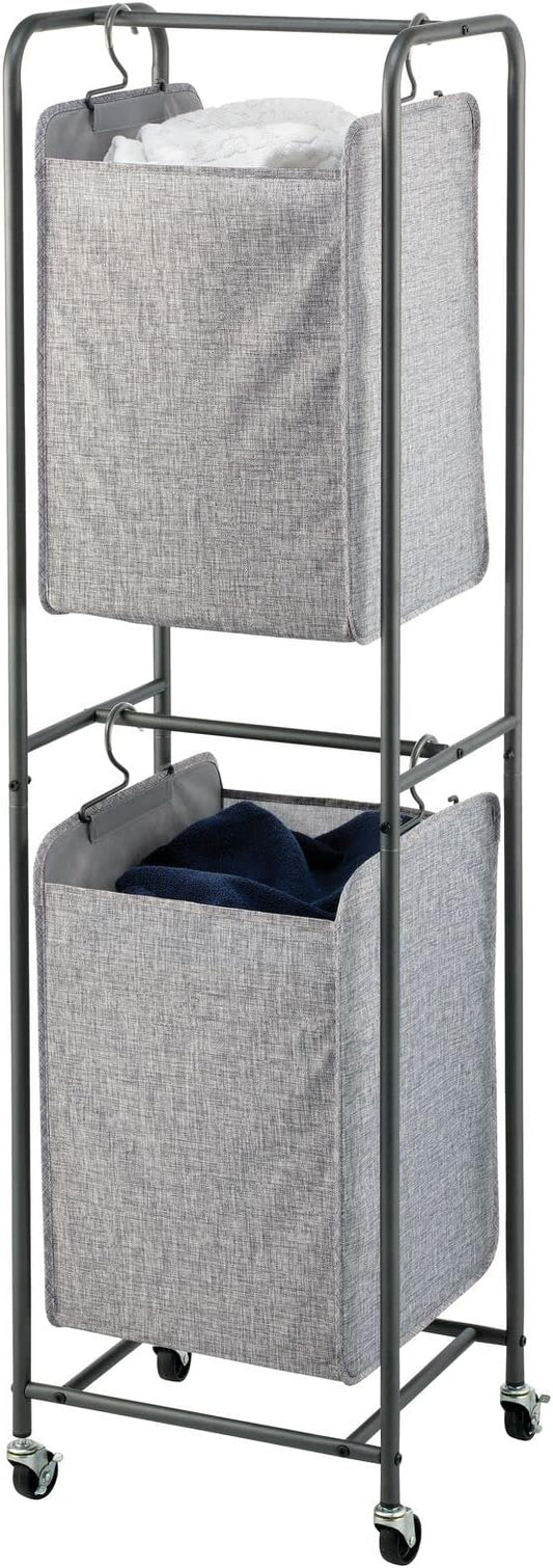 mDesign Vertical Stacked Laundry Hamper Basket with Wheels, Portable, 2 Removable Bags for Organizing Clothes, Laundry, Lights, Darks - Strong Metal Frame - Dark Gray