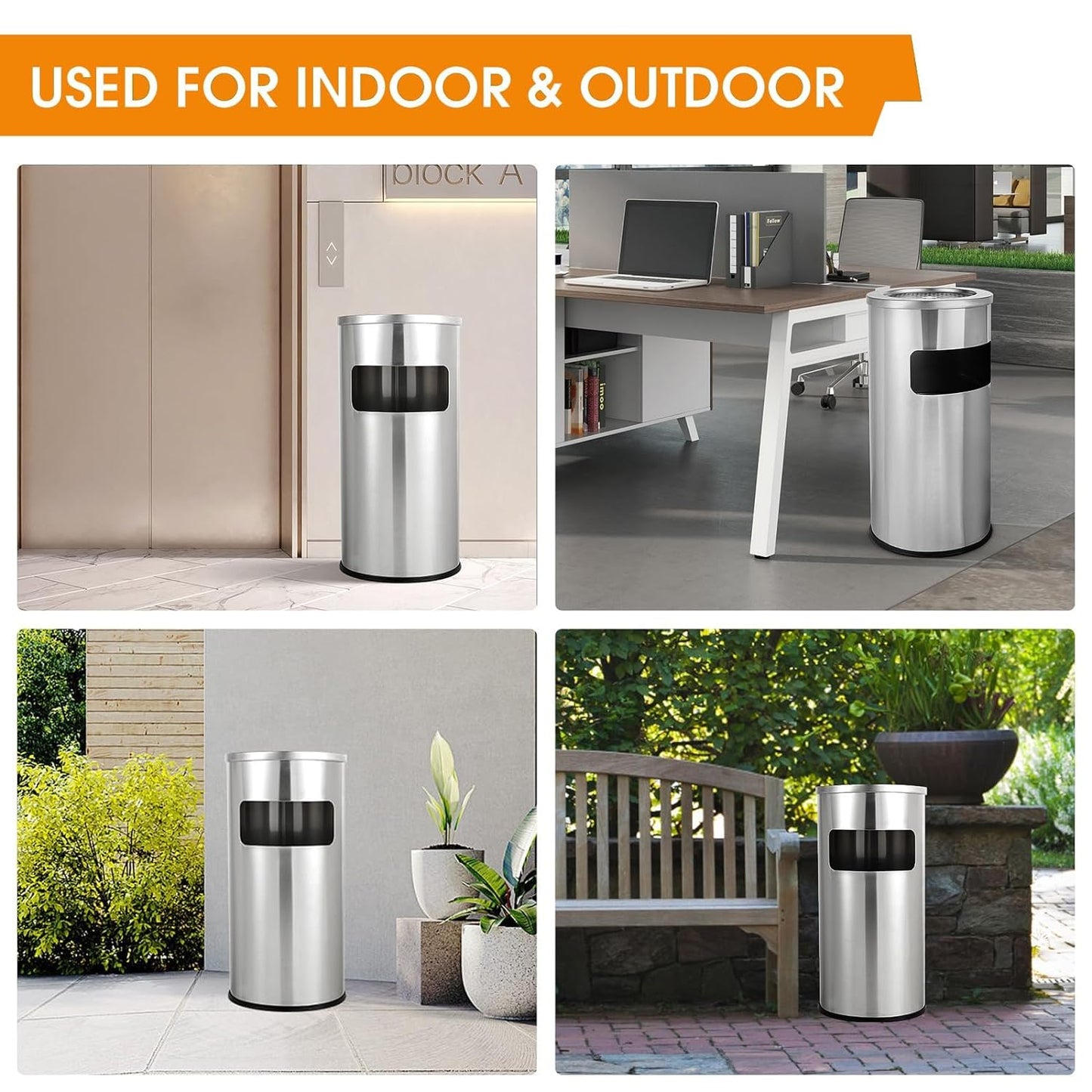 Outdoor Trash Can with Lid Round, Stainless Steel Garbage Can Waste Bin with Removable Inner Barrel Dome for Indoor,Home,Office,Restaurant,Patio,Garden,Kitchen(Sliver)