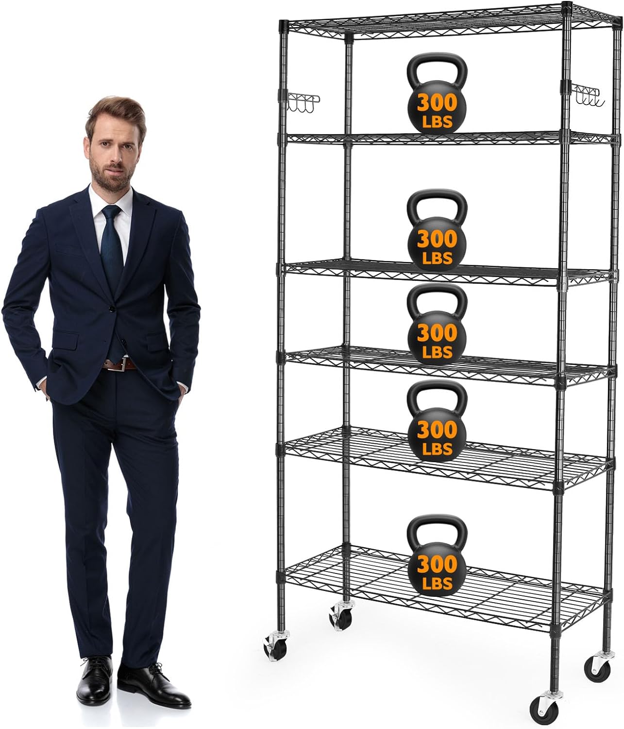 6 Tier Storage Shelves with Wheels, 2100lbs Capacity Heavy Duty Shelving Units, 14x36x75inch Adjustable Metal Shelf Wire Shelving Rack for Garage, Kitchen, Office, Black