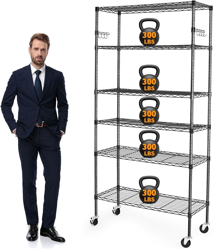 6 Tier Storage Shelves with Wheels, 2100lbs Capacity Heavy Duty Shelving Units, 14x36x75inch Adjustable Metal Shelf Wire Shelving Rack for Garage, Kitchen, Office, Black