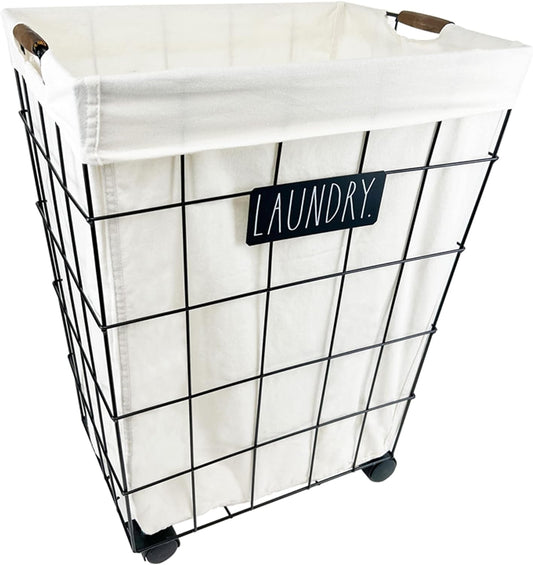 Rae Dunn Heavy Duty Laundry Hamper on Wheels - Lined Basket with Removable Cloth Liner - By Designstyles