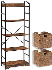 Vagusicc 5 Tier Bookshelf with 2 Storage Baskets, Tall Bookcase Shelf Storage Organizer Wood Book Shelf, Modern Shelf Rack Shelves with Steel Frame, Multipurpose Bookshelf for Bedroom Living Room