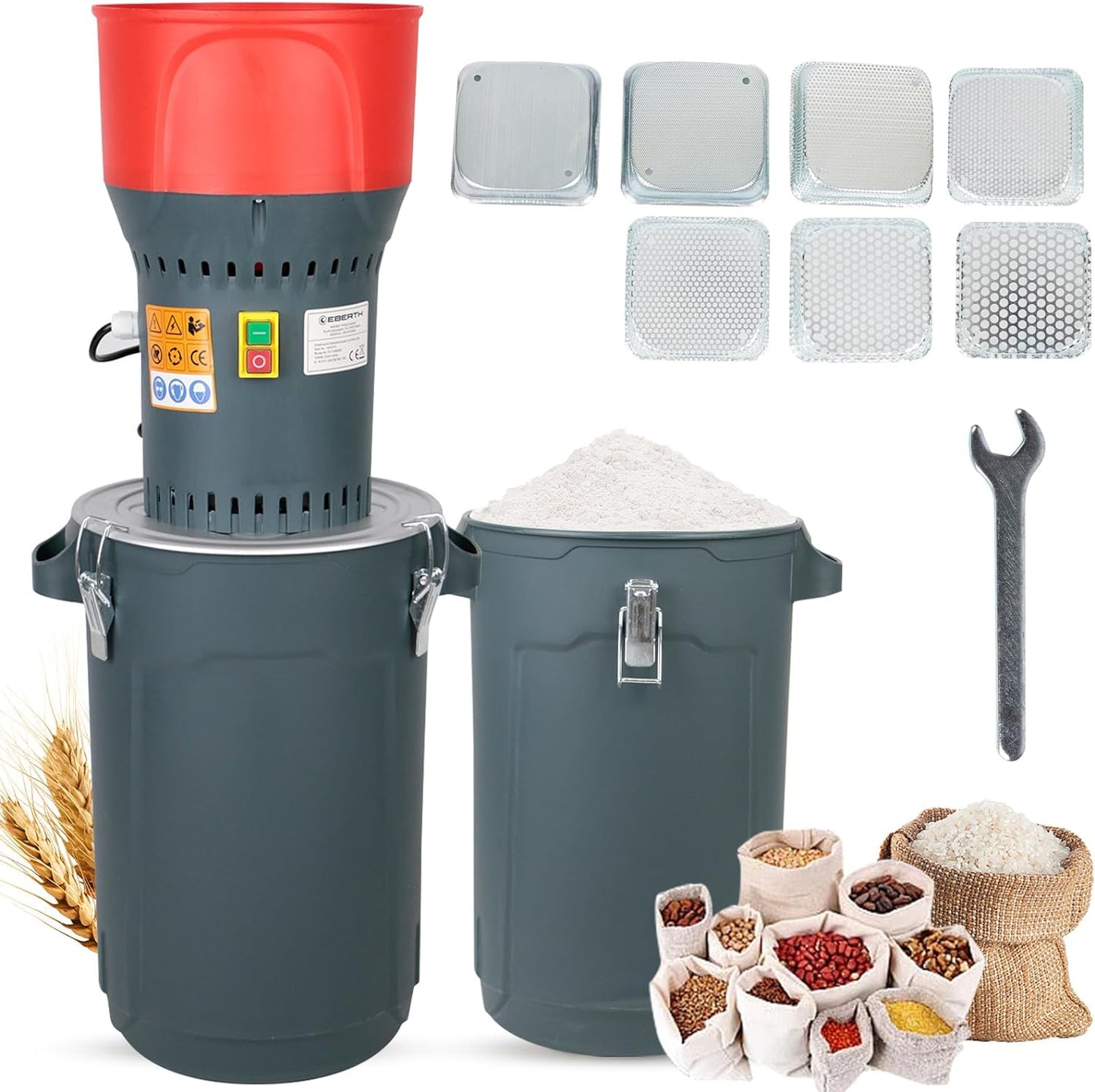 15.8 Gallons Corn Grinder Electric Mill, Dry Grain Mill Grinder Electric, Grain Grinder Mill, Cereals Grinder, Farm Home Wheat Grinder for Spice Rice Coffee Feed Flour, 7 Sizes Sieves(60L)