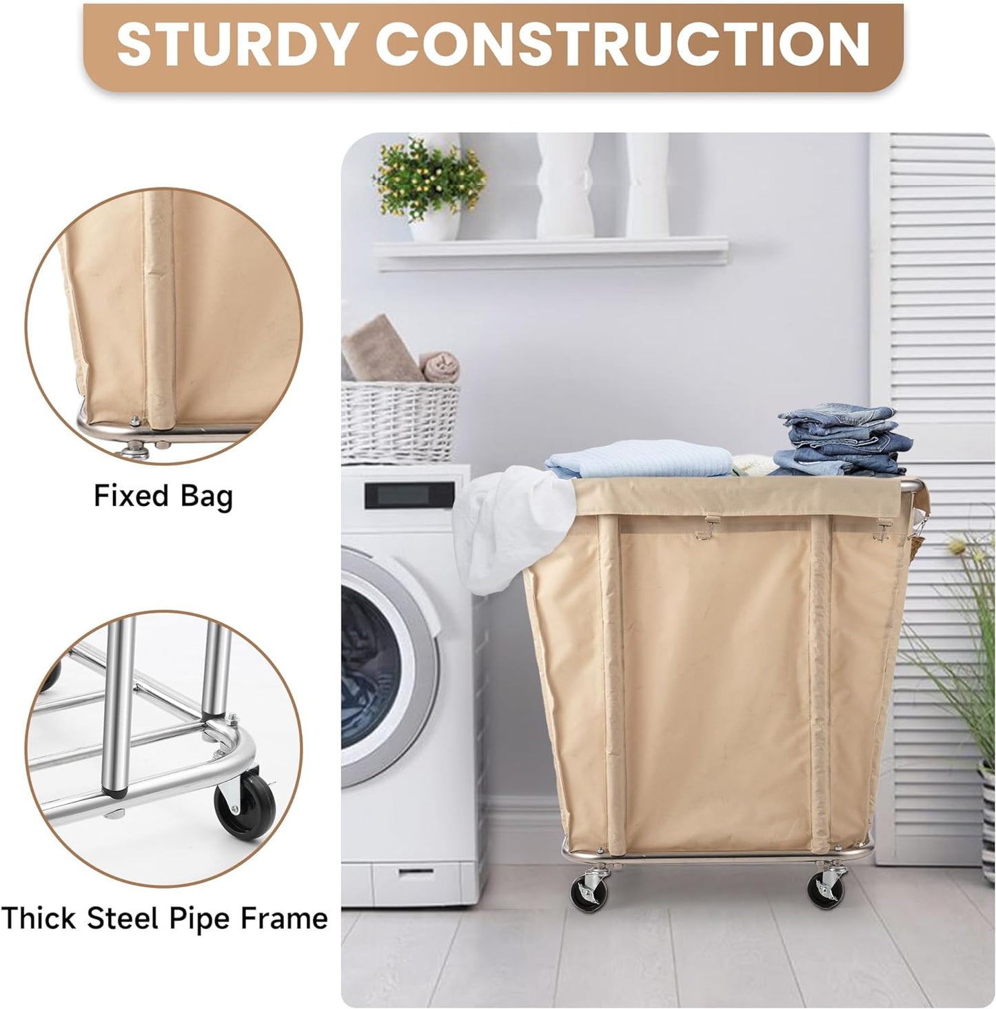 Laundry Cart with Wheels, 320L Capacity Commercial Laundry Sorter Rolling Laundry Hamper with Waterproof Oxford Basket and Sturdy Steel Frame, 260 lbs Load, Beige