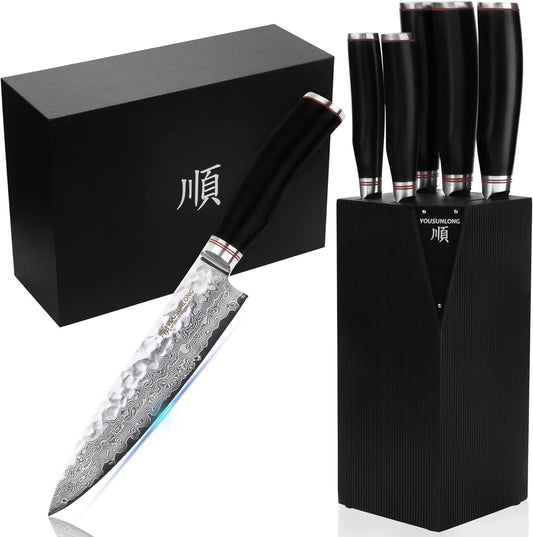 YOUSUNLONG Knife Block Sets - 5pcs Kitchen Knives Set with Natural Fraxinus Americana Holder - Japanese Hammered Damascus Steel Blade - Natural Ebony Handle with Gift Box