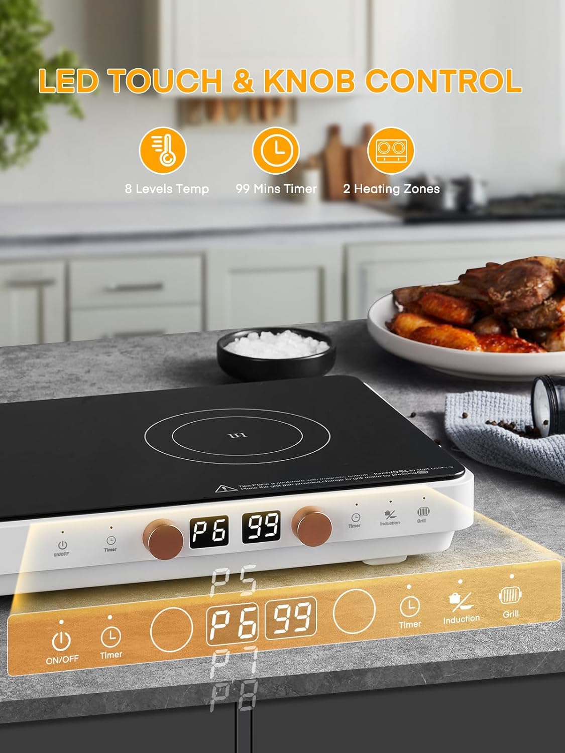 Induction Cooktop 2 Burners, Double Induction Hot Plate with Removable Iron Cast Griddle Pan Non-stick, Independent Temperature Control,Touch 8 Power Levels, 99 Min Timer for Magnetic Cookware