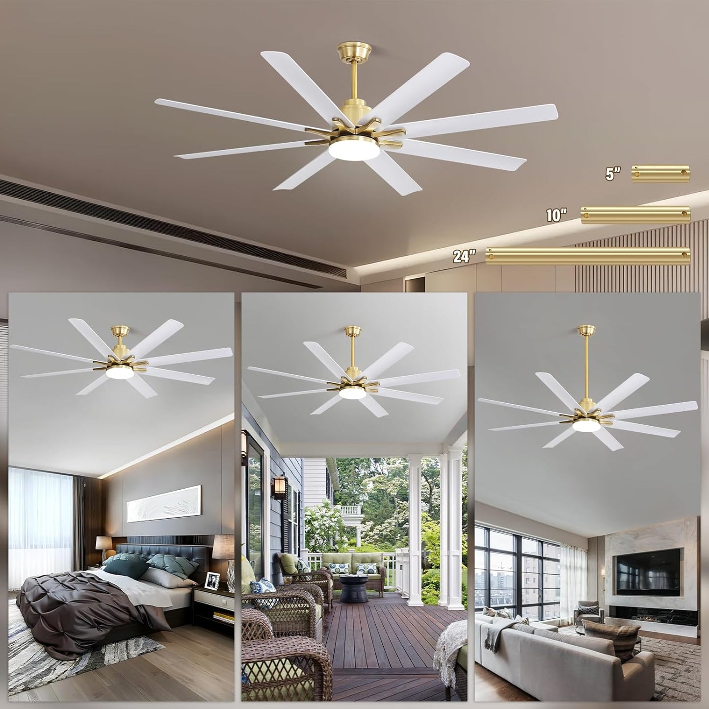 Sofucor 66 Inch Ceiling Fans with Lights and Remote, Smart Ceiling Fan with 6-Speed DC Motor Reversible Modern Industrial Gold and White Ceiling Fan for Bedroom Office Patios(8 Aluminum&ABS Blades)