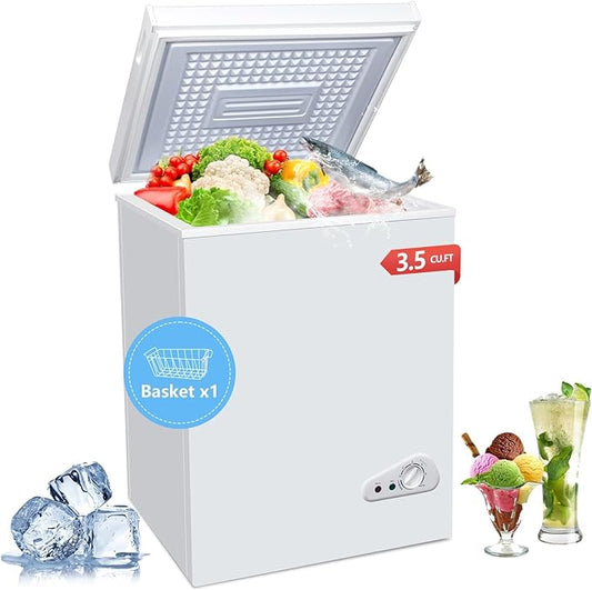 Compact Chest Freezer, 3.5 Cu.Ft. Deep Freezer with Basket, 6 Level Adjustable Temperature, Top Door Mini Freezer White