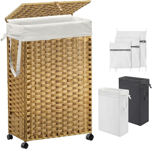 70L Slim Laundry Hamper with Lid & Wheels, Rolling Laundry Basket with 2 Removable Liner Bags & 3 Mesh Bags, Narrow Dirty Clothes Basket, Foldable Handwoven Rattan Laundry Sorter, Natural