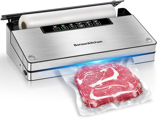 Bonsenkitchen Vacuum Sealer Machine 80KPA Powerful, 3-Year Warranty, Food Sealer with 5 Modes, Globefish Technology for High-Speed Continuous Working, Built-in Cutter & Bag Storage, Include 1 Bag Roll