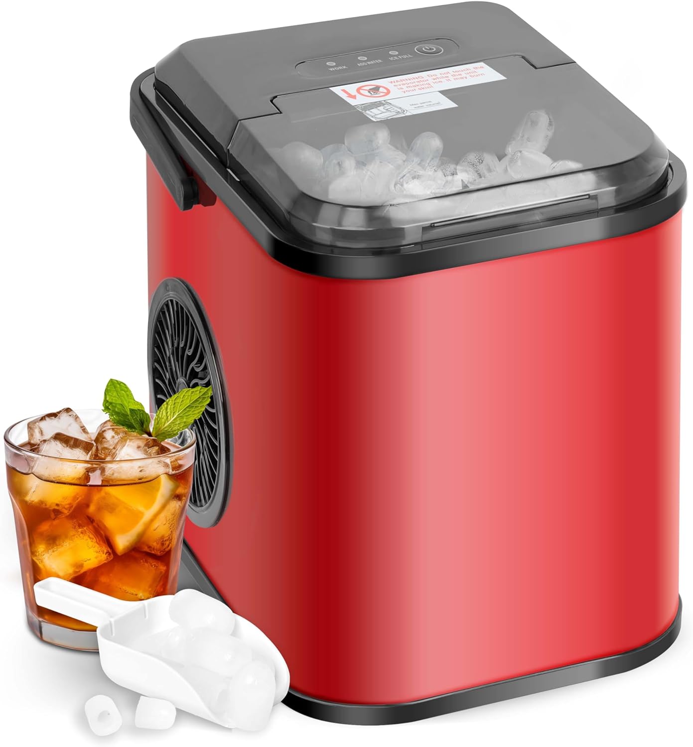 YSSOA Portable Ice Maker for Countertop, 6 Mins 8 Ice Cubes, 26lbs Ice/24H, Self-Cleaning, with Ice Spoon and Basket, for Home/Kitchen/Office/Camping/Party, Red