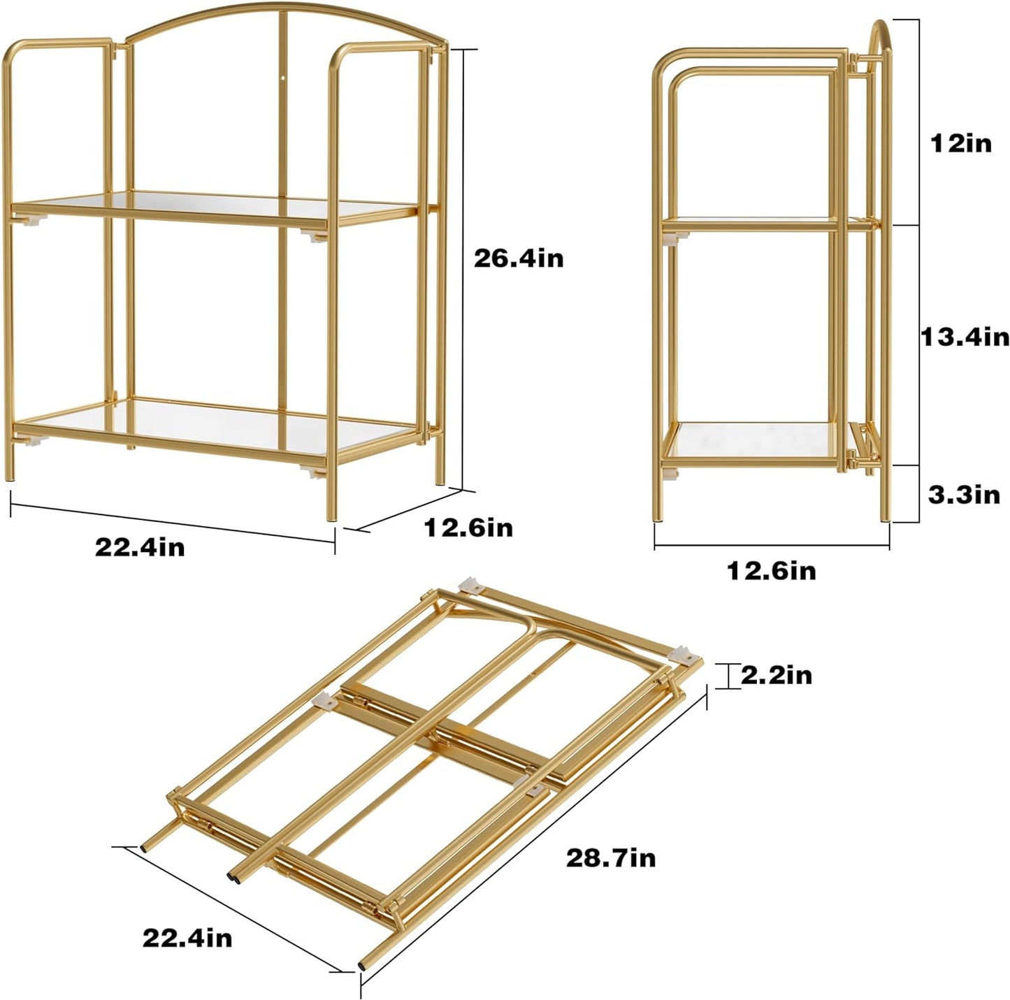 No Assembly Folding Bookshelf, 2 Tier Gold Bookshelf, Metal Book Shelf for Storage, Folding Bookcase for Office Organization and Storage, 12.6" D x 22.44" W x 28.74" H