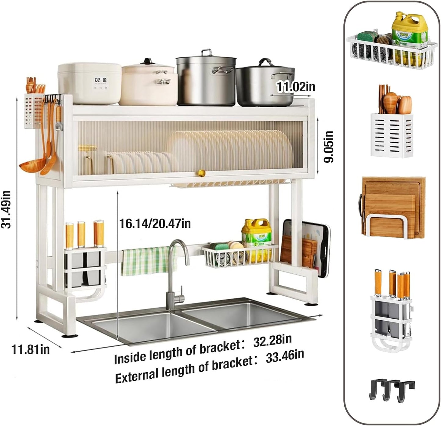 Over the Sink Dish Drainer Drying Rack 3 Tier Over Sink Dish rack for a Tidy Kitchen Sink Shelf Organized Space-Saving Dish Rack with Cover for Dishes, Glasses, Bowls, and Cutlery (Milkshake White)