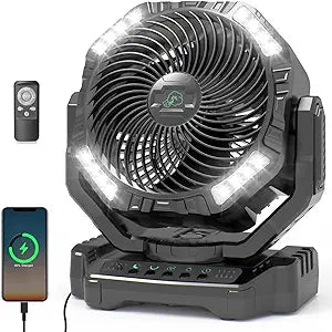 40000mAh Rechargeable Battery Operated Fan, Auto-Oscillating Desk Fan with Remote & Hook & Led Light,4 Speeds 4 Timers Type-C Charging Table Fan for Camping Jobsite Hurricane Emergency