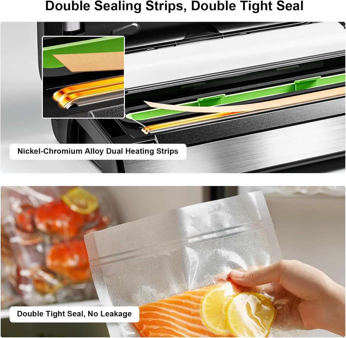 Vacuum Sealer Machine, 90kPa Food Sealer with Double Heat Seal for Dry/Moist Food, Easy-lock Handle, Built-in Bag Storage & Cutter, Progress Display, Removable Drip Tray, Silver