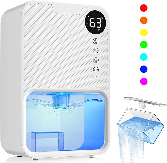 128 Oz Dehumidifier, Dehumidifier for Basement Home, 592 Sq. Ft. Semiconductor Dehumidifier with 7 Color Light, Timer, Sleep Mode, Auto Off, Small Dehumidifier for Bedroom Bathroom, Rv., White