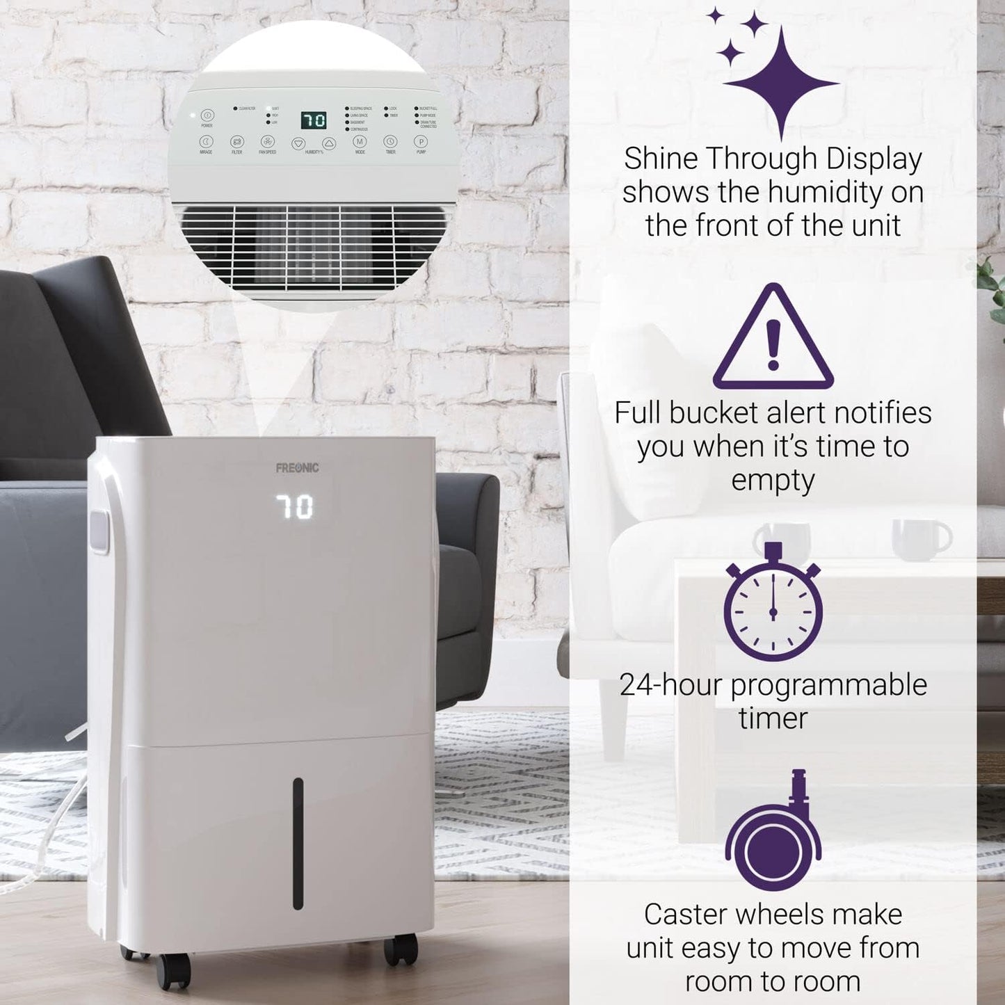 50 Pint Dehumidifier | LED Display | 24H Timer | Auto-Restart | Auto Shut-Off | Wheels | Bathroom, Basement, Bedroom, and Rooms up to 4,500 Sq. Ft | FHCD501AWG