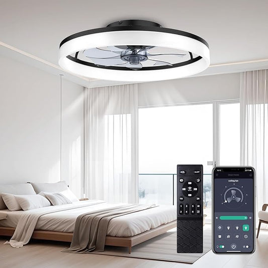 Ceiling Fans with Lights and Remote, 20"Modern Low Profile Ceiling Fan with Light , Stepless Color Temperature Change and 6 Speeds, Flush Mount Ceiling Fans for Bedroom, Kids Room and Living Room.