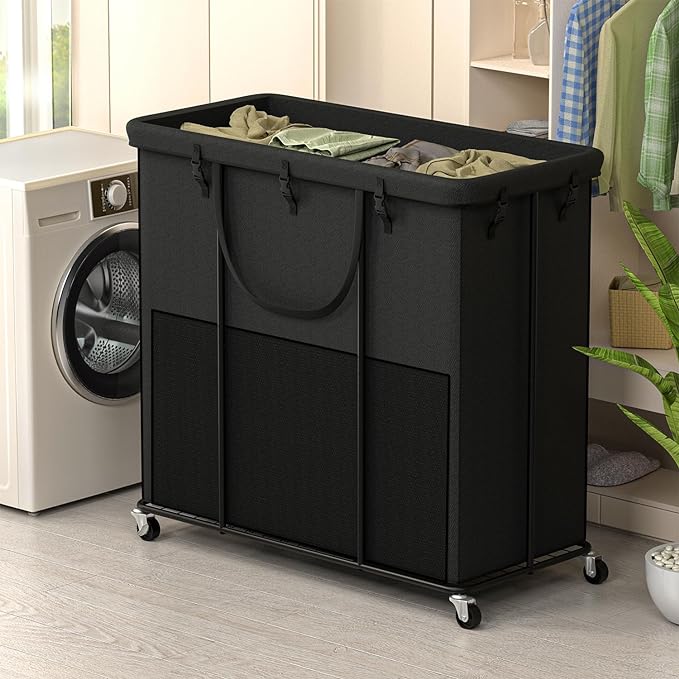 320L Laundry Basket With Wheels, Laundry Basket with Lid, Metal Frame and Removable Bag Design with Wheels, Suitable for Bathroom, Dorm Room&Laundry Room 320L(84.5Gallon) Black