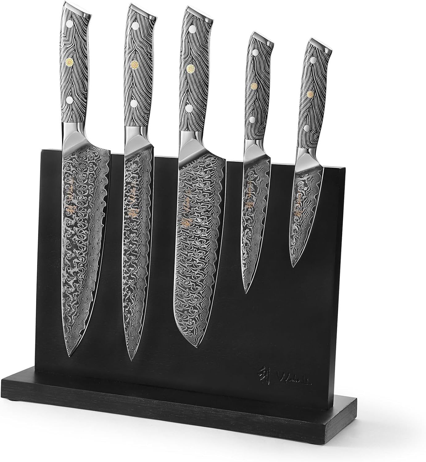 Wakoli Noir Blanc 6-Piece Damascus Chef Knives with 5 Kitchen Knives & Magnetic Knife Block - Premium VG10 Steel Chef Knives with G10 Handles, Kitchen Knife Set in Gift Box