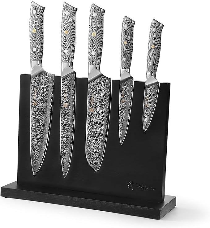 Wakoli Noir Blanc 6-Piece Damascus Chef Knives with 5 Kitchen Knives & Magnetic Knife Block - Premium VG10 Steel Chef Knives with G10 Handles, Kitchen Knife Set in Gift Box