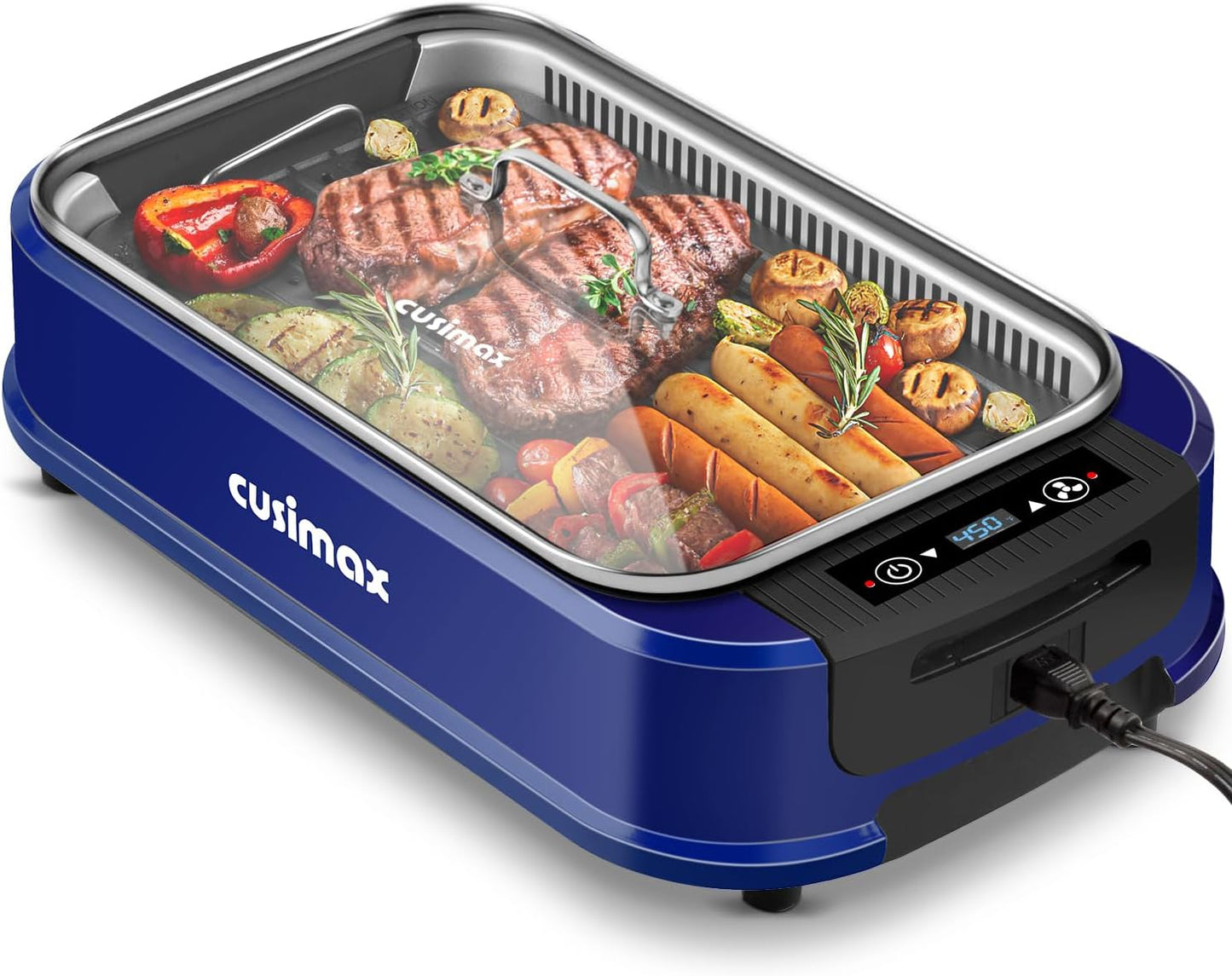 CUSIMAX Electric Smokeless Grill, 1500W Indoor Grill with LED Smart Display & Tempered Glass Lid, Non-stick Removable Plate, Turbo Smoke Extractor Technology, Dishwasher Safe