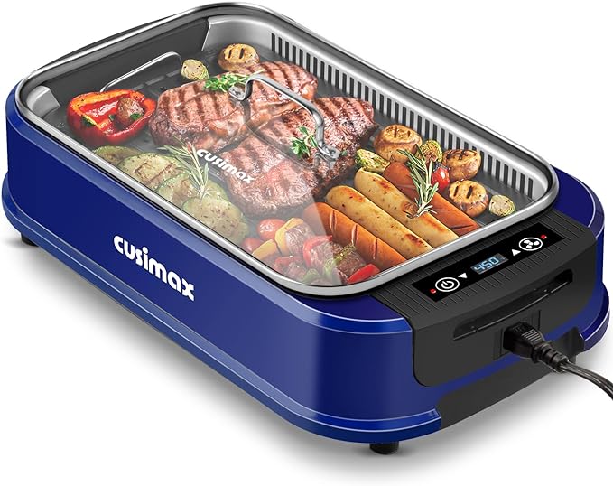 CUSIMAX Electric Smokeless Grill, 1500W Indoor Grill with LED Smart Display & Tempered Glass Lid, Non-stick Removable Plate, Turbo Smoke Extractor Technology, Dishwasher Safe