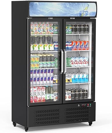 Commercial Refrigerator, 25 Cu. Ft. Display Fridge Merchandiser Upright Beverage Cooler, Double Glass Door Fridge with LED Light, Adjustable Shelves & Drink Organizers for Wine Soda