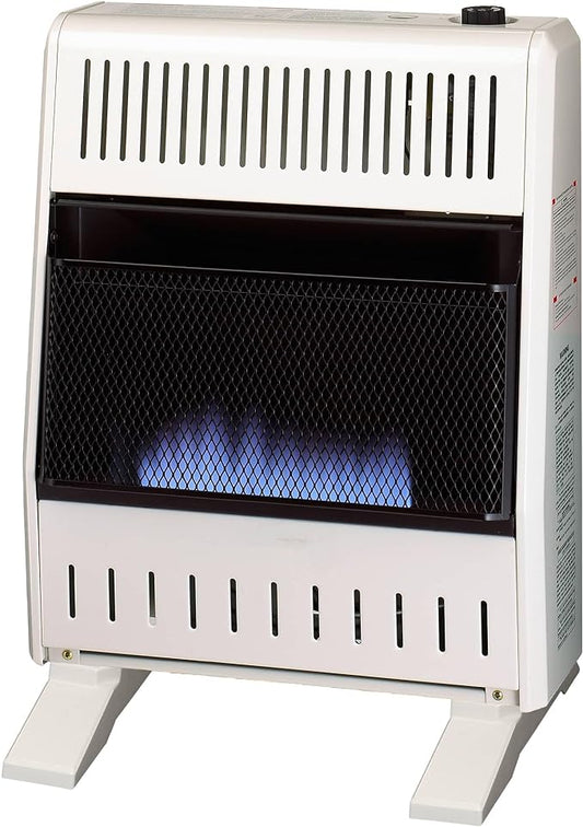 ProCom ML200TBA-B Ventless Propane Gas Blue Flame Space Heater with Thermostat Control for Home and Office Use, 20000 BTU, Heats Up to 950 Sq. Ft., Includes Wall Mount and Base Feet, White