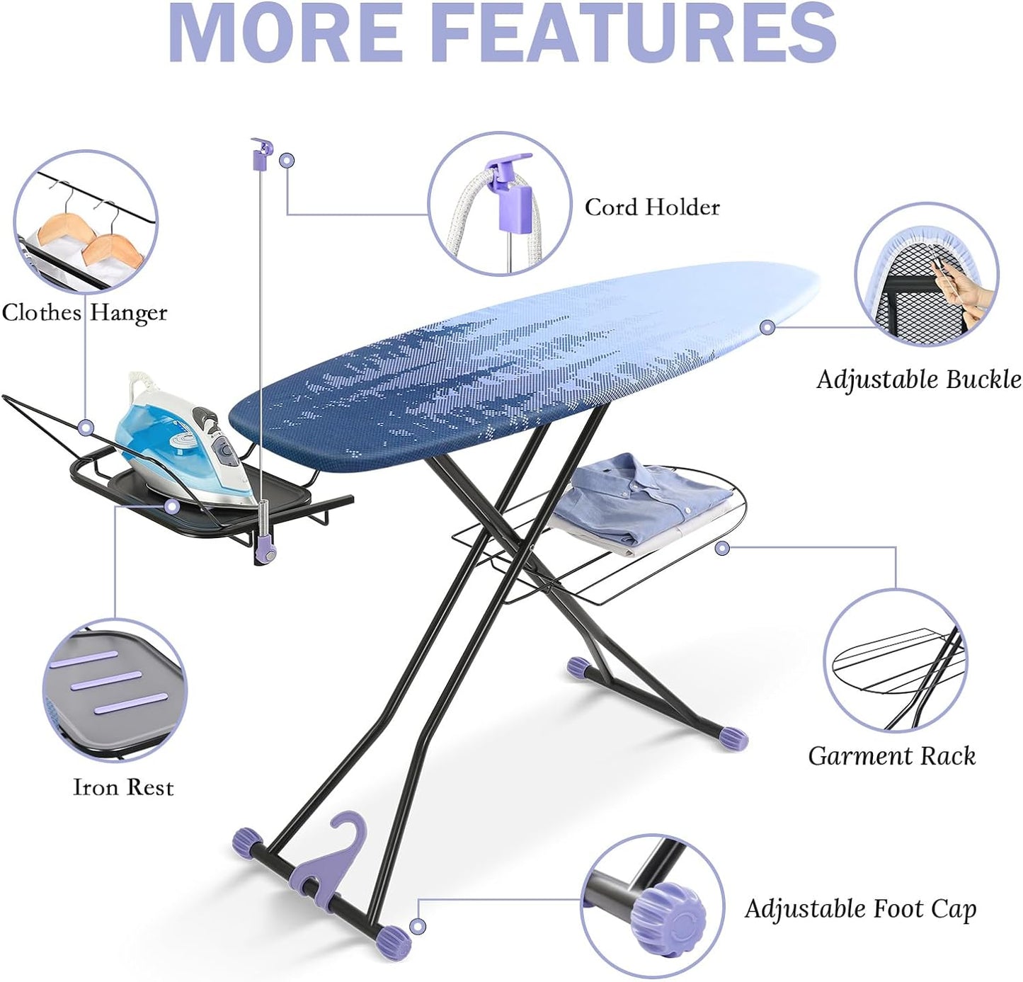 APEXCHASER Full Size Ironing Board,18x51 Metal Panel Iron Board with Stretchable Iron Rest, Heat & Scorch Resistant Cover, Adjustable Height Heavy Duty Ironing Board, for Home, Dorm, Purple