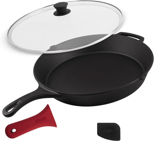 Cuisinel 15" Cast Iron Skillet + Glass Lid Cover + Pan Scraper + Silicone Handle Grip Cover - Pre-seasoned Kitchen Cookware - Indoor/Outdoor - Camping, Grilling, BBQ, Oven Use