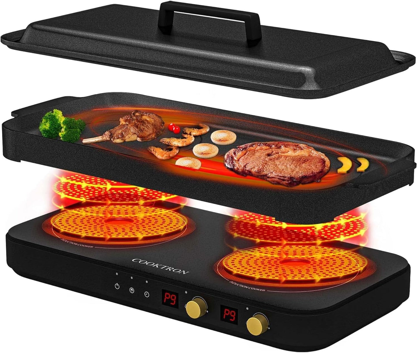 Induction Cooktop 2 Burner with Removable Iron Cast Griddle Pan Non-stick, Portable 1800W Double Induction Cooktop with Child Safety Lock & Time, Great for Family Party