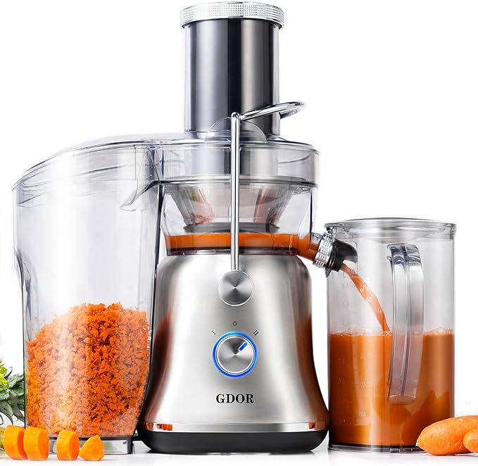 GDOR Powerful 1300W Juicer with Larger 3.4" Feed Chute, Titanium Enhanced Cutting System, Centrifugal Juice Extractor Maker with Heavy Duty Full Copper Motor, Dual Speeds, BPA-Free, Silver