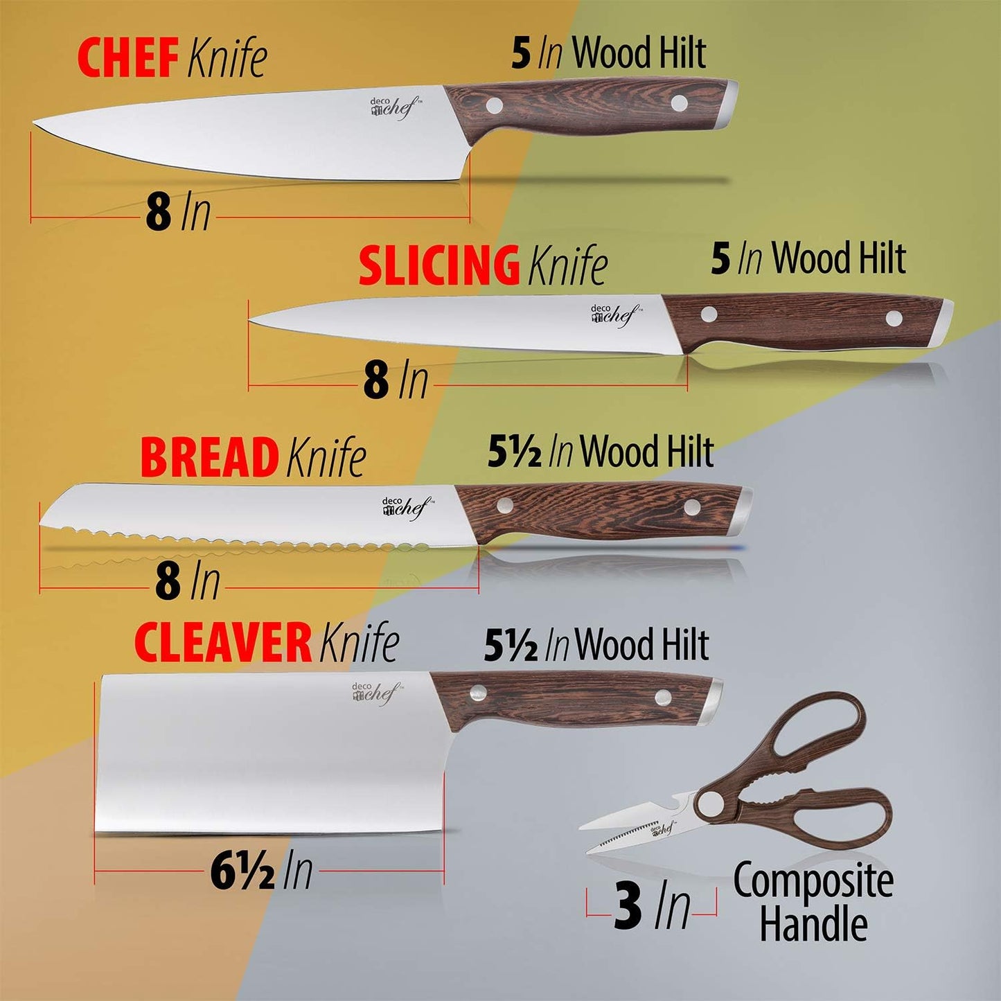 Deco Chef 16 Piece Kitchen Knife Set Stainless Steel with Wood Handles, 8" Chef Knife, 6.5" Cleaver, 8" Bread Knife, 8" Slicing Knife, 4.5" Paring Knife, 6pcs Steak Knives, Kitchen Shears, and more