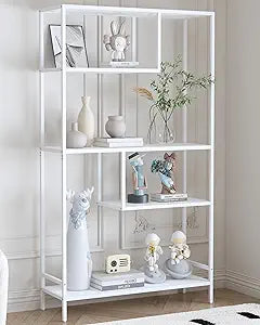 Yusong White Bookshelf, Industrial Bookcase Open Storage Shelves with Metal Frame, Freestanding Display Rack Tall Shelving Unit for Living Room, Bedroom, Office, White