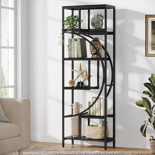 Bookshelf, 70.9” Wood Bookcases Open Shelves with Metal Frame, 7 Tier Tall Book Shelf, Freestanding Display Rack Storage Shelving Unit for Bedroom, Living Room, Easy Assembly (Black)