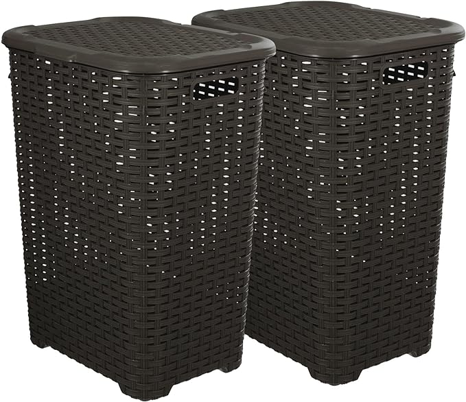 Plastic Laundry Hamper with Lid Laundry Hamper Basket, Brown 2 Pack Tall Cloths Hamper Organizer with Cut-out Handles. Space Saving for Laundry Room Bedroom Bathroom, Wicker Design 60 Liter