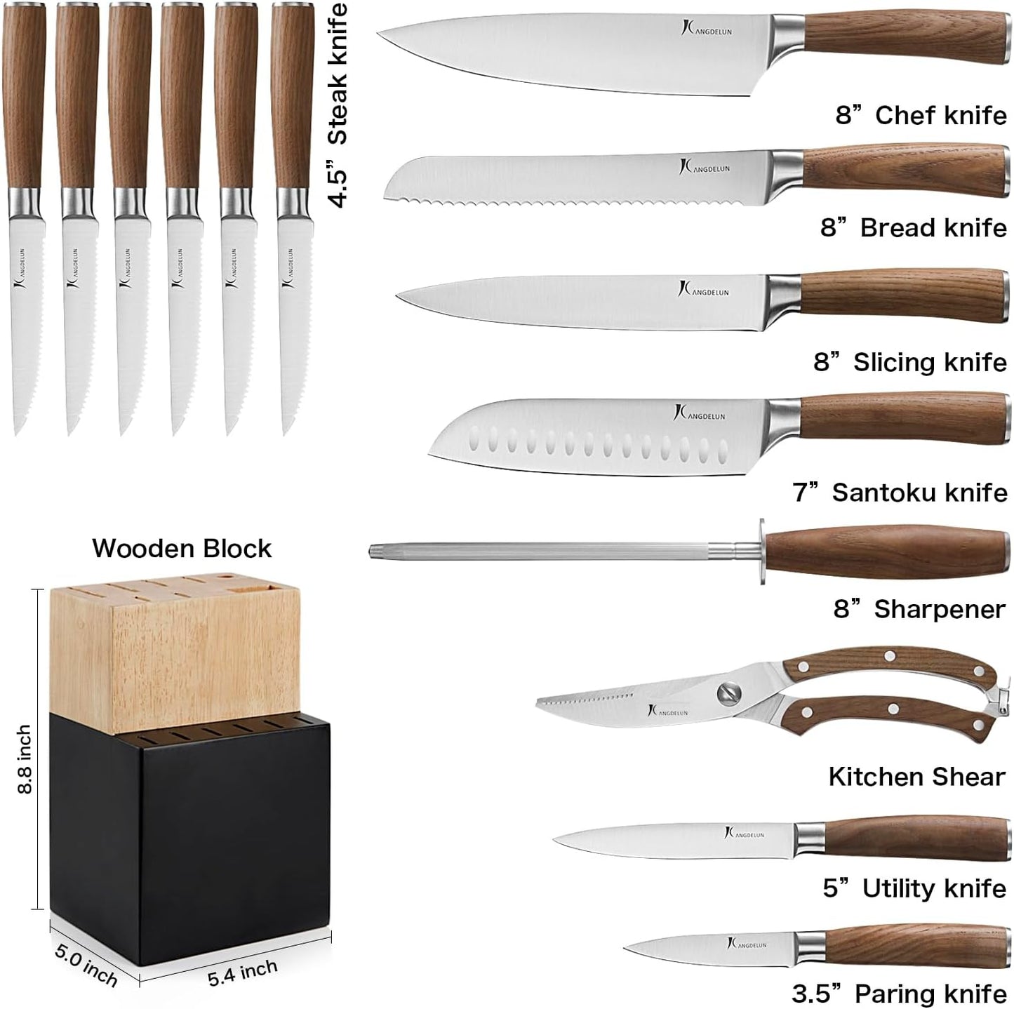 Natura Series 15 PCS Knife Block Set, Ultra Sharp High Carbon Stainless Steel with Wooden Handle