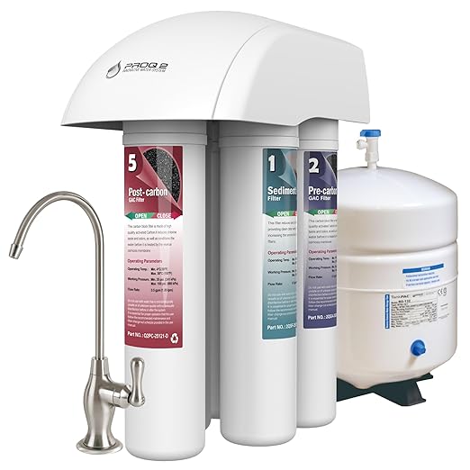 GWS w/Puroflo ProQ2 Reverse Osmosis System 5 Stage, Under Sink Water Filtration System, Quick-Change Type RO Filters Replacement, NSF Brushed Nickel Water Filter Faucet and 4.4 Gal RO-132 Tank, 50GPD