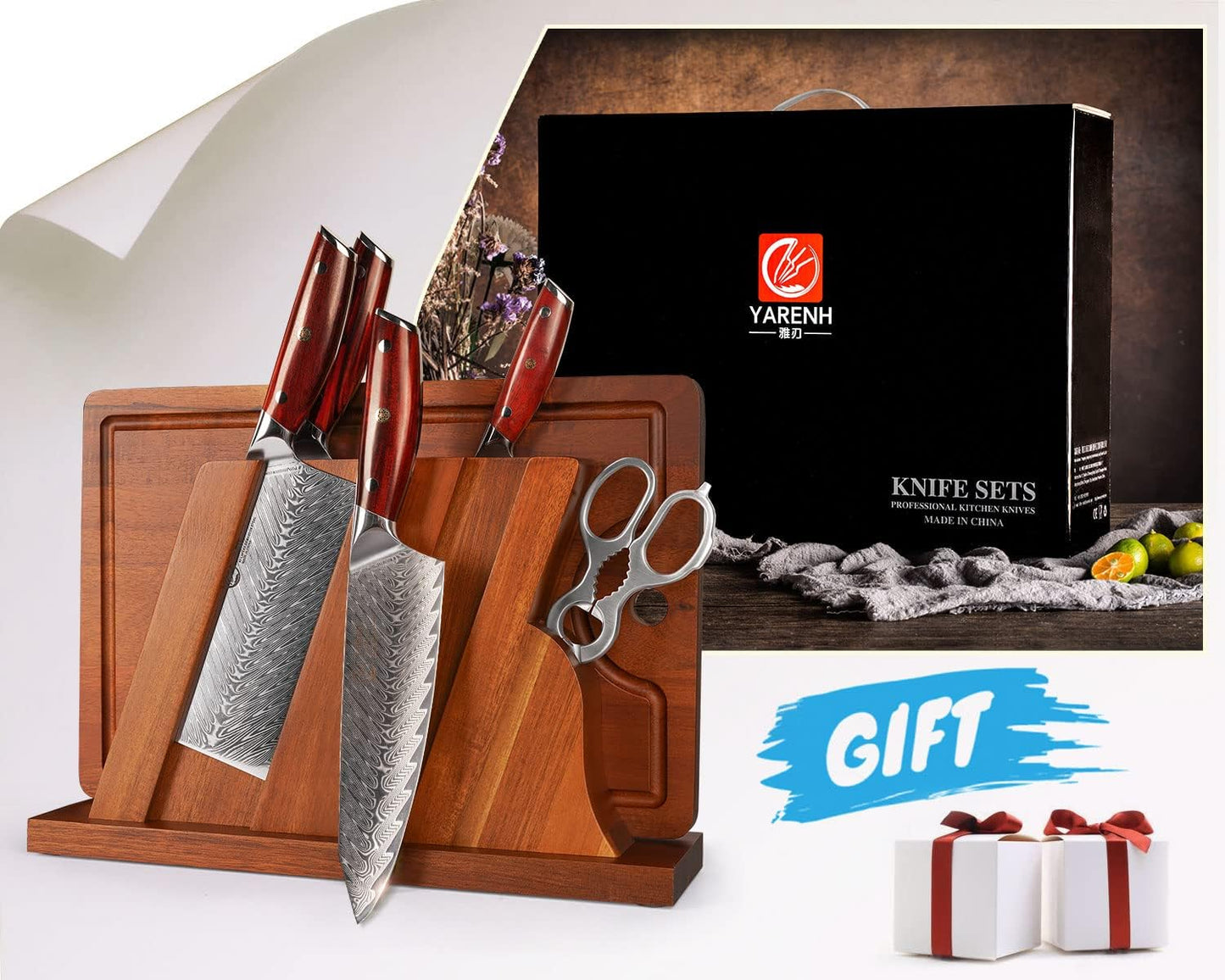 YARENH Kitchen Knife Set with Block, Cutting Board and Scissors, 7 Piece, Damascus High Carbon Stainless Steel, Full Tang African Sandalwood Handle, Professional Chef Knife